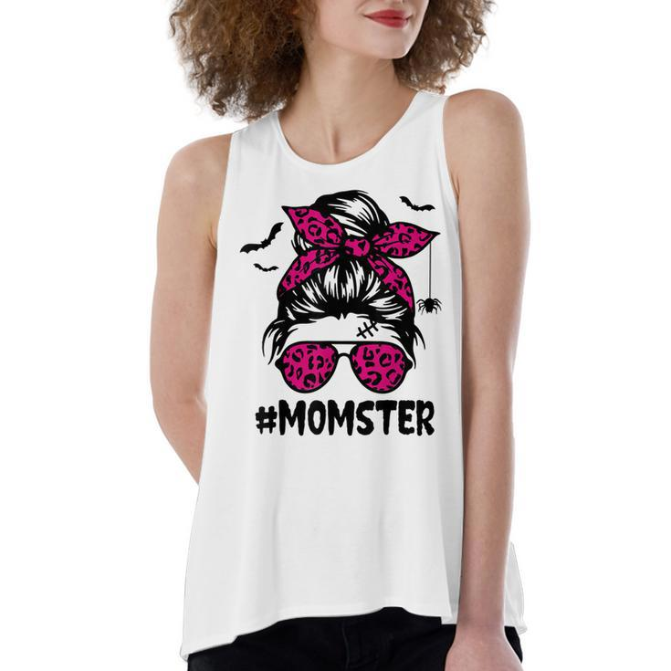 Momster  For Women Halloween Mom Messy Bun Leopard  Women's Loose Fit Open Back Split Tank Top