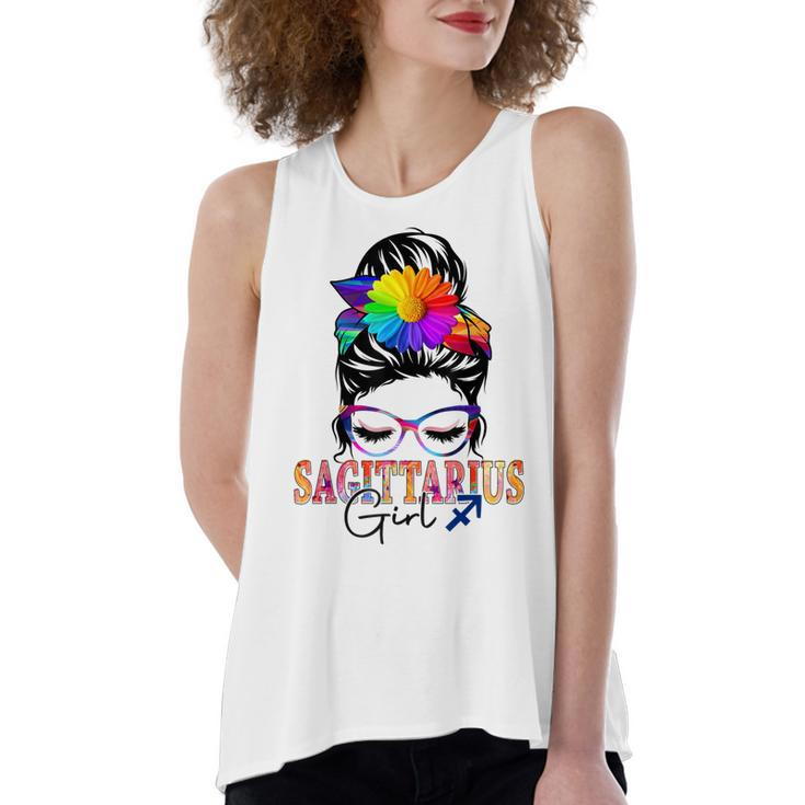 Sagittarius Girl Birthday Messy Bun Hair Colorful Floral  Women's Loose Fit Open Back Split Tank Top