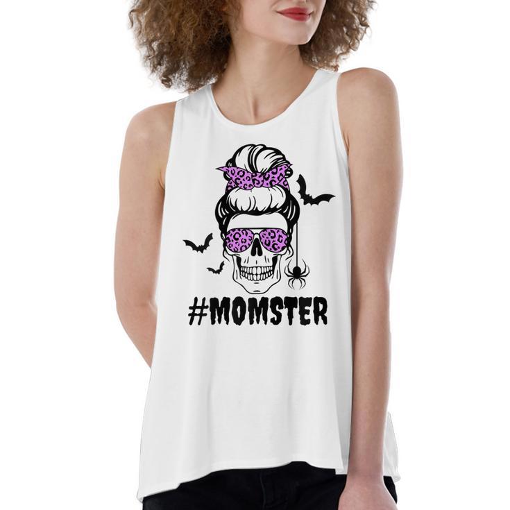 Womens Momster  Funny Halloween Costume Skull Mom Messy Bun  Women's Loose Fit Open Back Split Tank Top