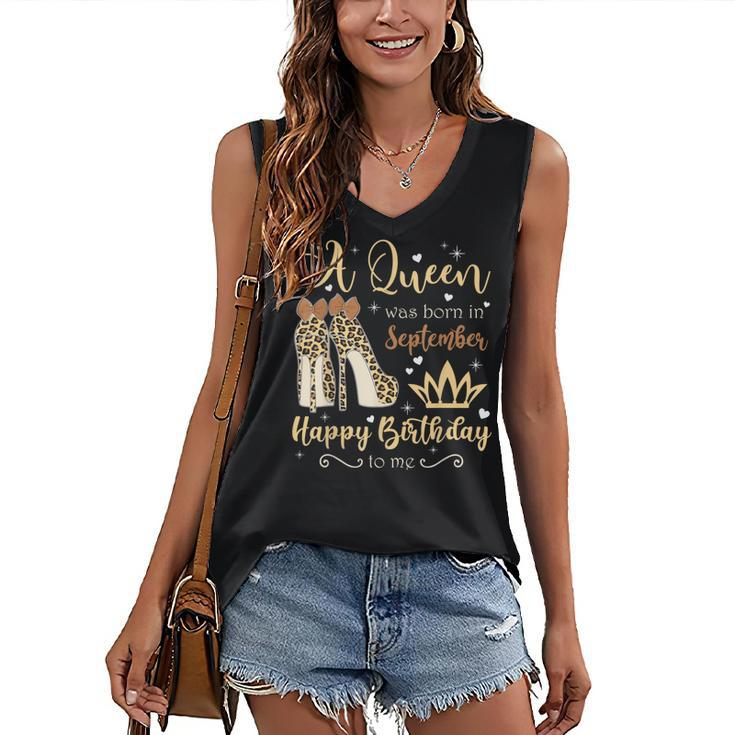A Queen Was Born In September Birthday For Women Leopard  Women's V-neck Casual Sleeveless Tank Top