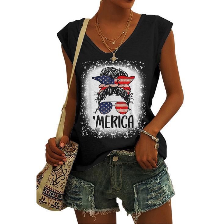 Bleached Merica 4Th Of July Girl Sunglasses Messy Bun Women's Vneck Tank Top