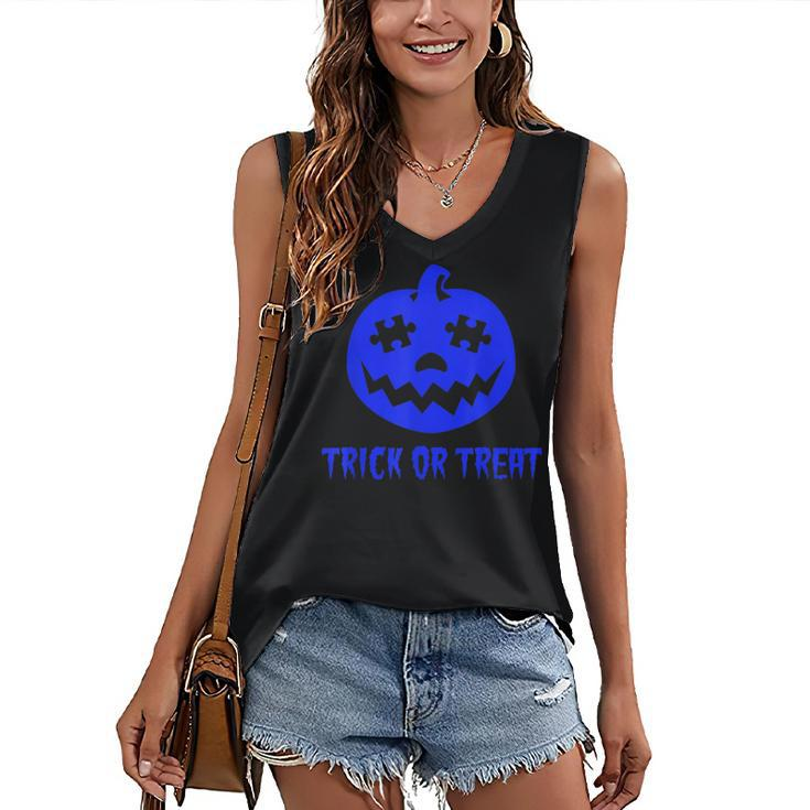 Cool Trick Or Treat Blue Autism Awareness Pumpkin Halloween Women's Vneck Tank Top