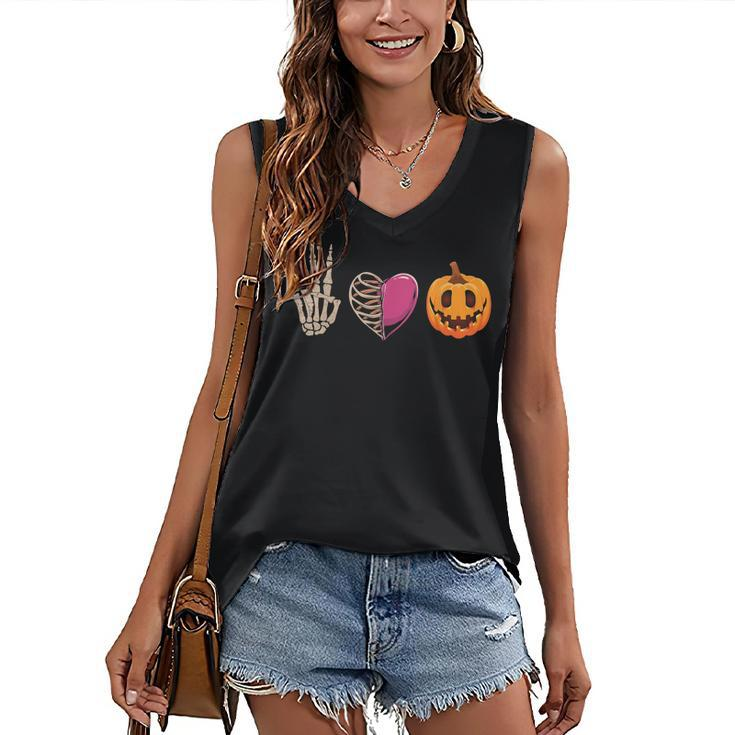 Halloween Skeleton Peace Love Pumpkin Leopard Heart Apparel Women's Vneck Tank Top