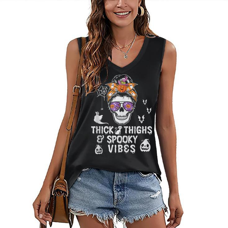 Halloween Skull Messy Bun Thick Thighs And Spooky Vibes Women's Vneck Tank Top