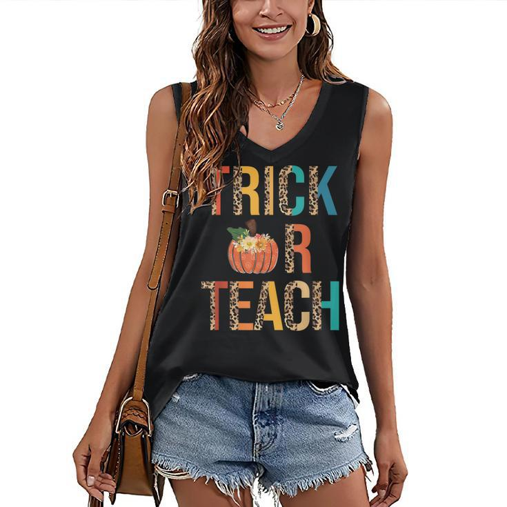 Leopard Trick Or Teach Pumpkin Teacher Halloween Costume Women's Vneck Tank Top