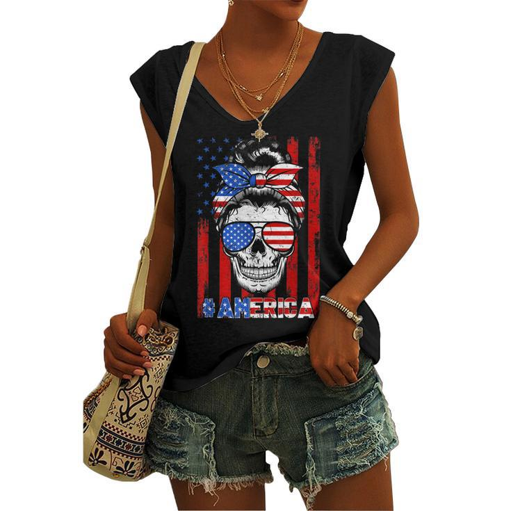 Messy Bun Skull America Flag Glasses 4Th Of July Patriotic Women's Vneck Tank Top