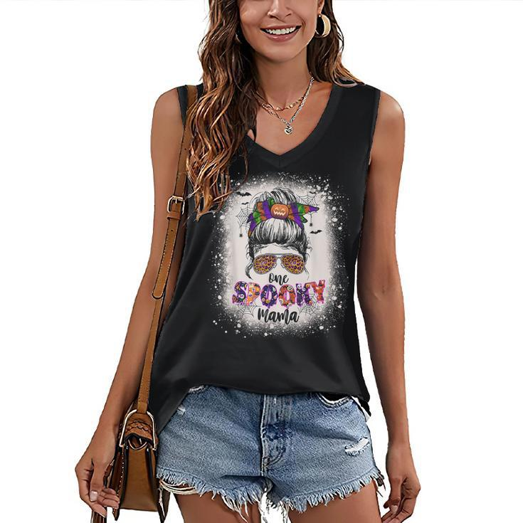 One Spooky Mama Mommy Halloween Mom Life Messy Bun Bleached Women's Vneck Tank Top