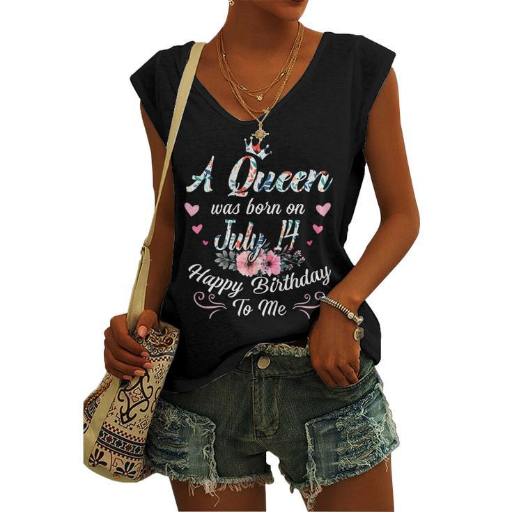 A Queen Was Born On July 14 Happy Birthday To Me Floral Women's Vneck Tank Top