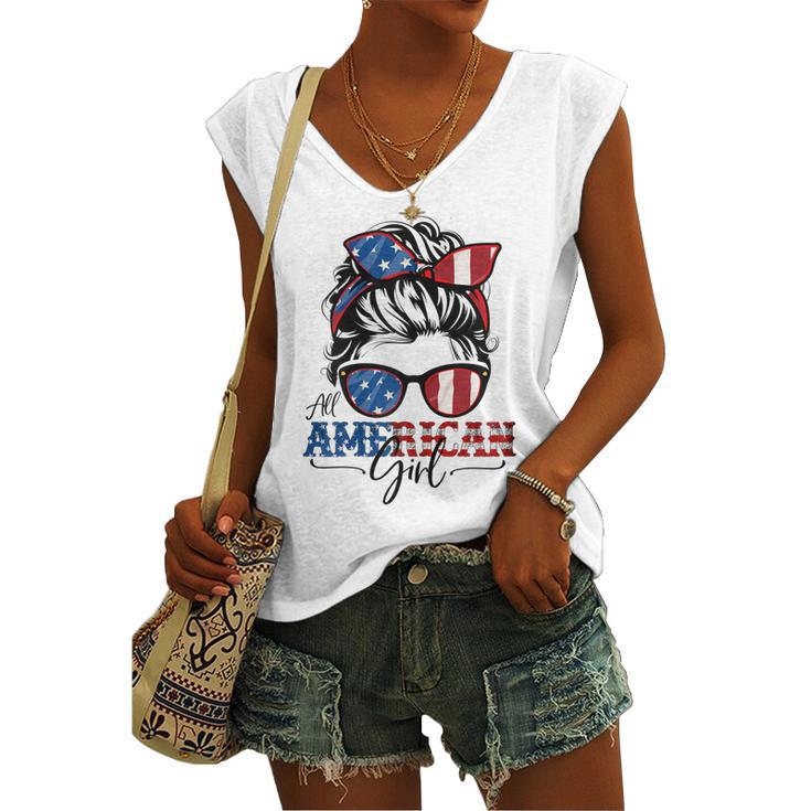 All American Girl 4Th Of July Women Messy Bun Usa Flag V2 Women's Vneck Tank Top