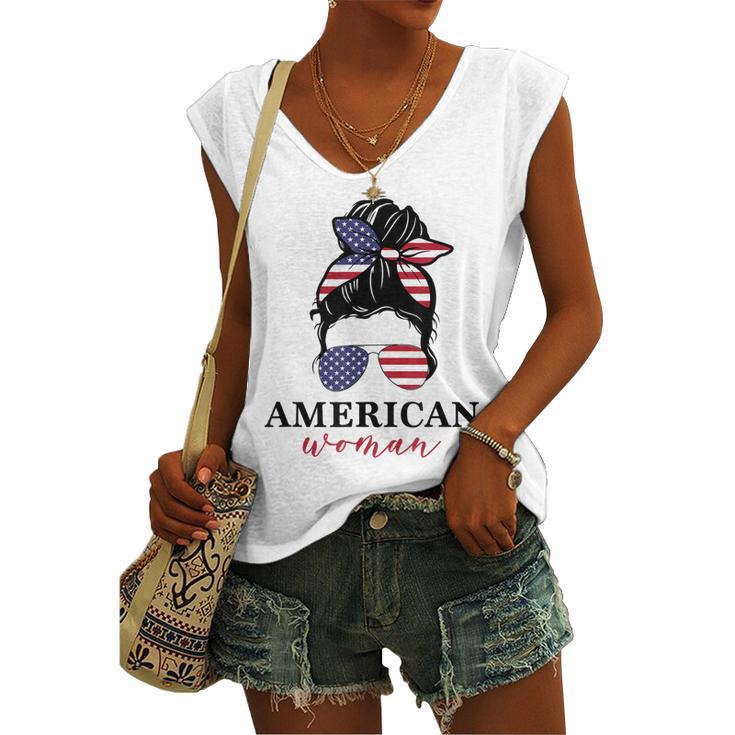 All American Girl Messy Bun Flag 4Th Of July Sunglasses Women's Vneck Tank Top