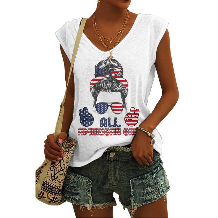 All American Girl Messy Bun American Flag 4Th Of July V2 Women's Vneck Tank Top