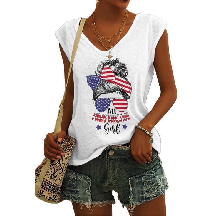 All American Girl Messy Bun Usa Flag Patriotic 4Th Of July V2 Women's Vneck Tank Top