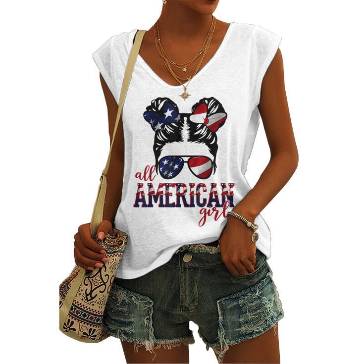 All American Girl Messy Hair Bun Woman Patriotic 4Th Of July V2 Women's Vneck Tank Top