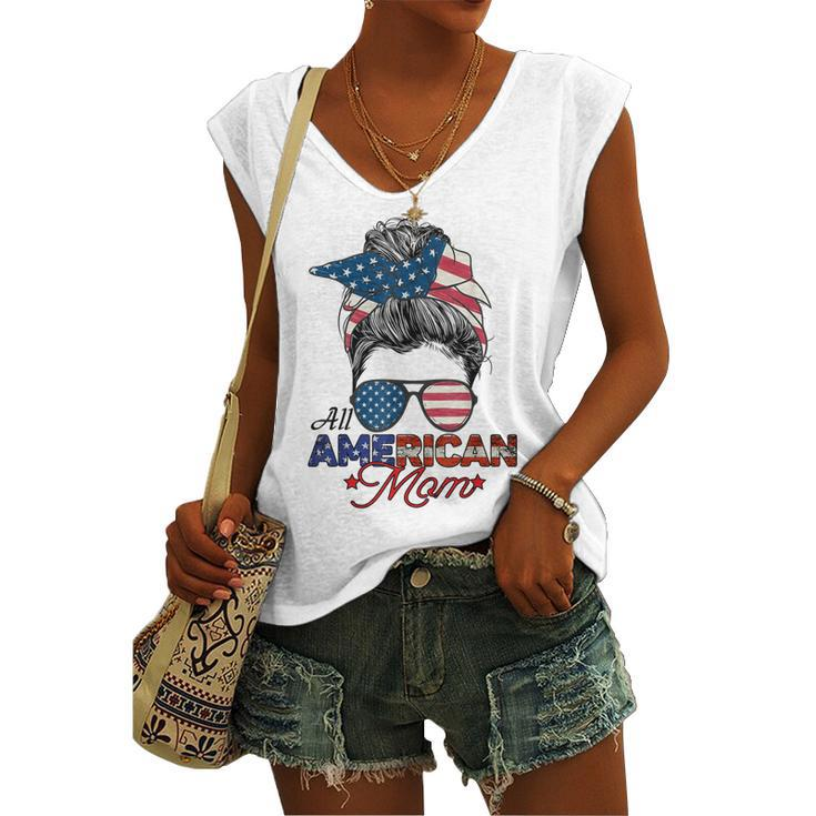 All American Mom 4Th July Messy Bun Us Flag Women's Vneck Tank Top