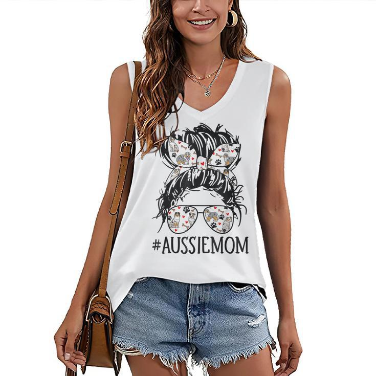 Messy Bun Mom Aussie Mom Glasses Mothers Day Dog Lovers  Women's V-neck Casual Sleeveless Tank Top