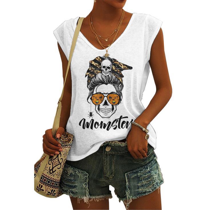 Messy Bun Monster Pun Momster Halloween Costume Skull Mom Women's Vneck Tank Top