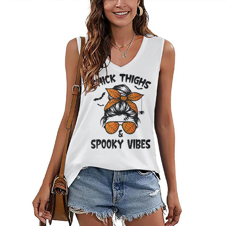 Messy Bun Thick Thighs And Spooky Vibes Halloween Women Women's Vneck Tank Top