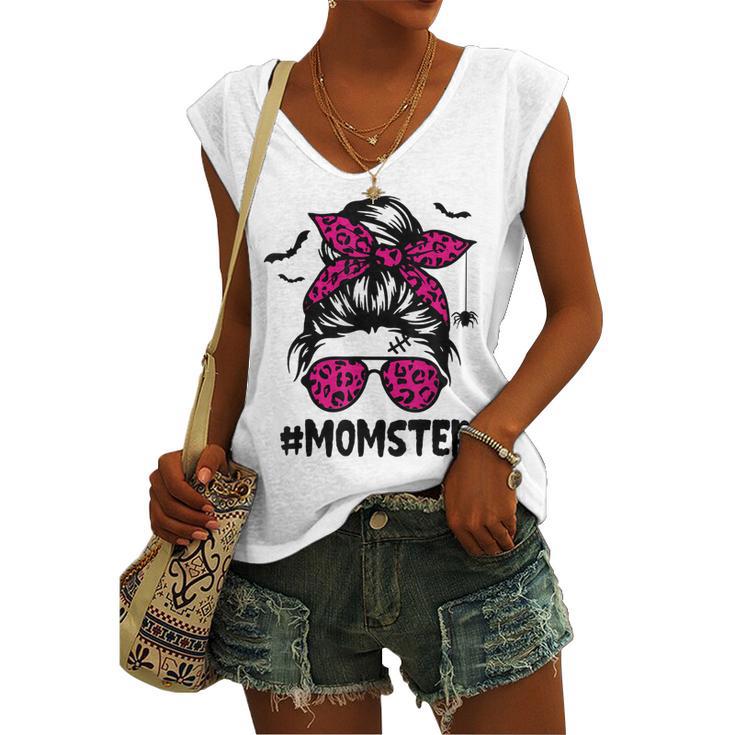 Momster For Women Halloween Mom Messy Bun Leopard Women's Vneck Tank Top