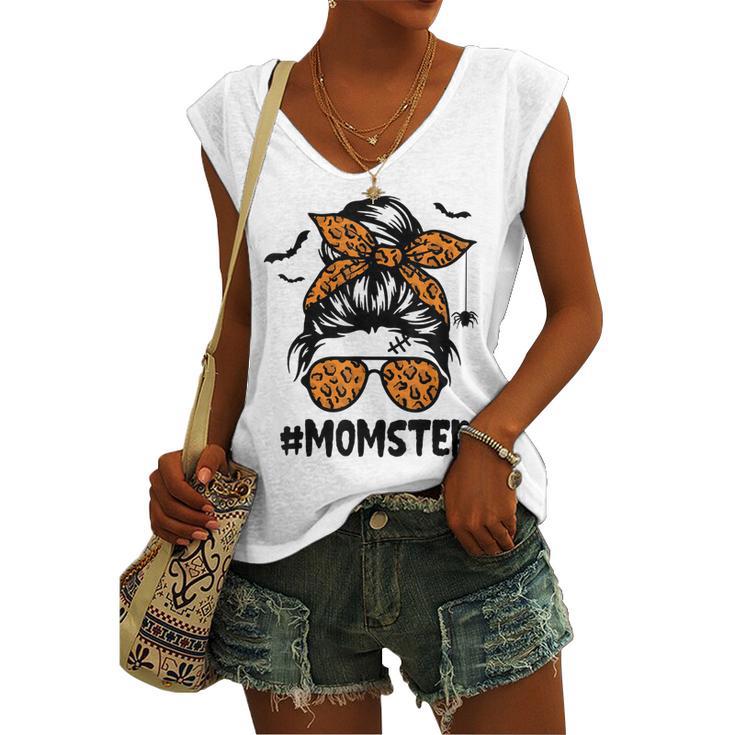 Momster For Women Halloween Mom Messy Bun Leopard Women's Vneck Tank Top