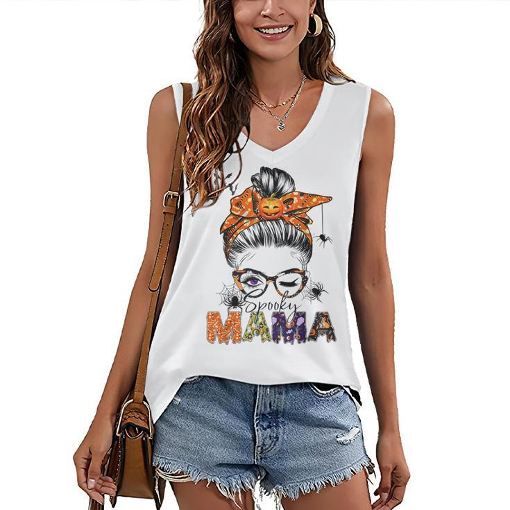 One Spooky Mama For Halloween Messy Bun Mom Monster Bleached V2 Women's Vneck Tank Top