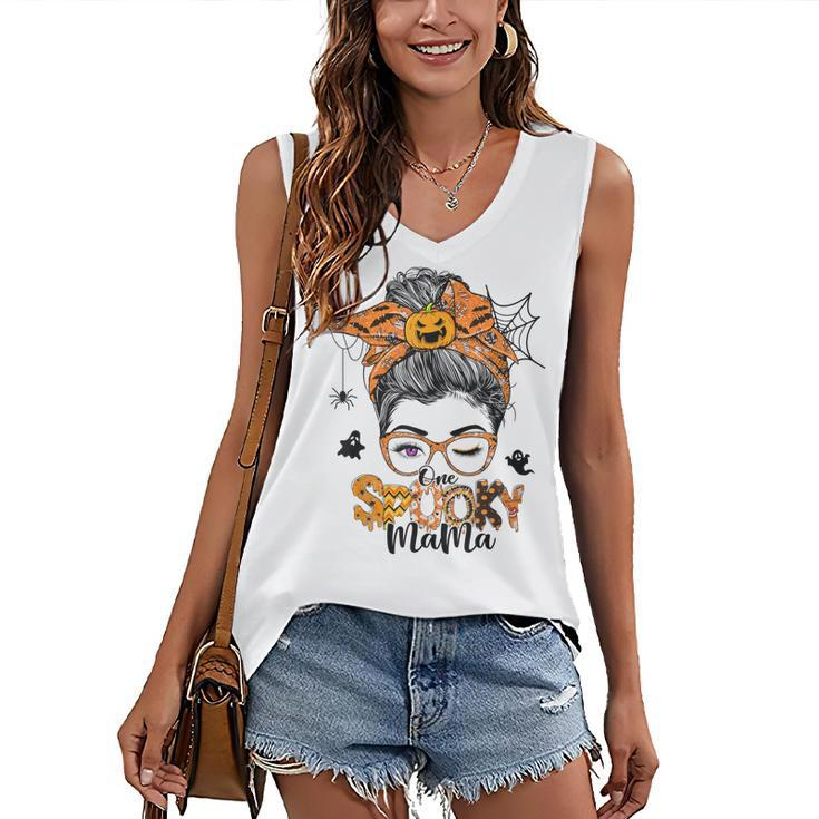 One Spooky Mama For Halloween Messy Bun Mom Monster Bleached V3 Women's Vneck Tank Top