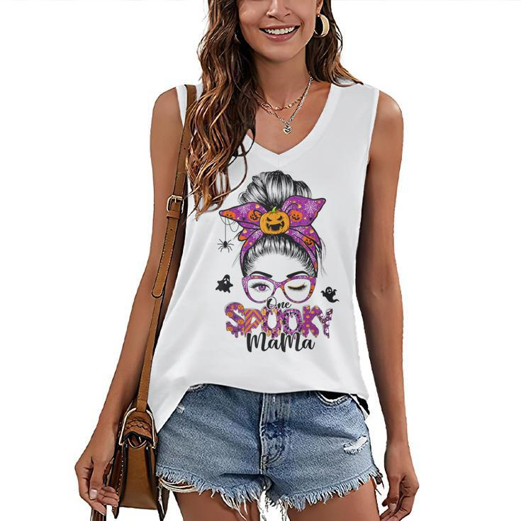 One Spooky Mama For Halloween Messy Bun Mom Monster Bleached V6 Women's Vneck Tank Top