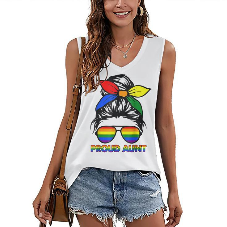 Proud Aunt Messy Bun Rainbow Lgbt Gay Pride Month  Women's V-neck Casual Sleeveless Tank Top