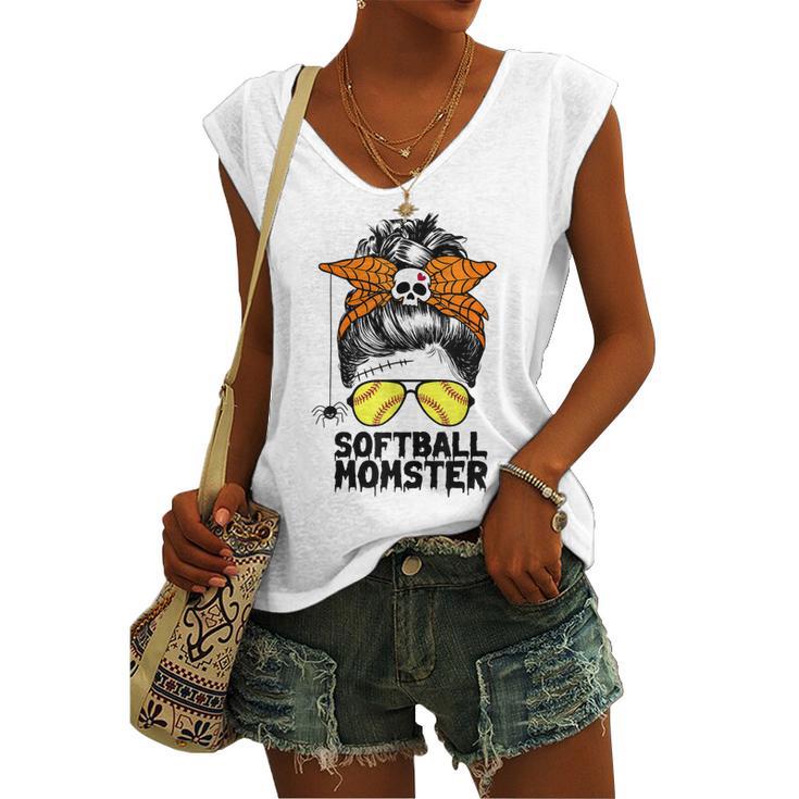 Softball Mom Life Messy Bun Halloween Women Softball Momster Women's Vneck Tank Top