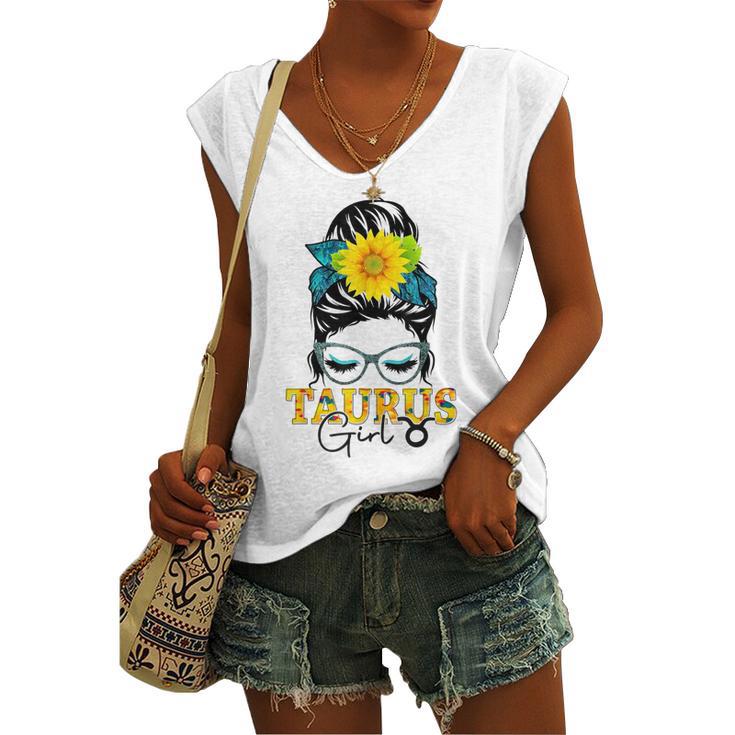 Taurus Girl Birthday Messy Bun Hair Sunflower Women's Vneck Tank Top