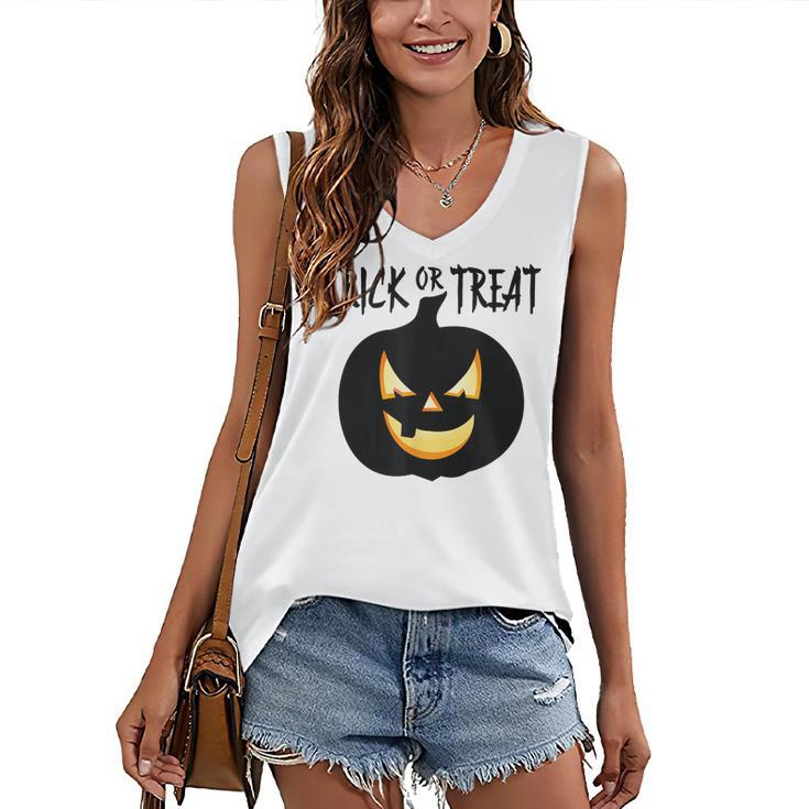 Trick Or Treat Scary Lit Pumpkin Halloween Women's Vneck Tank Top