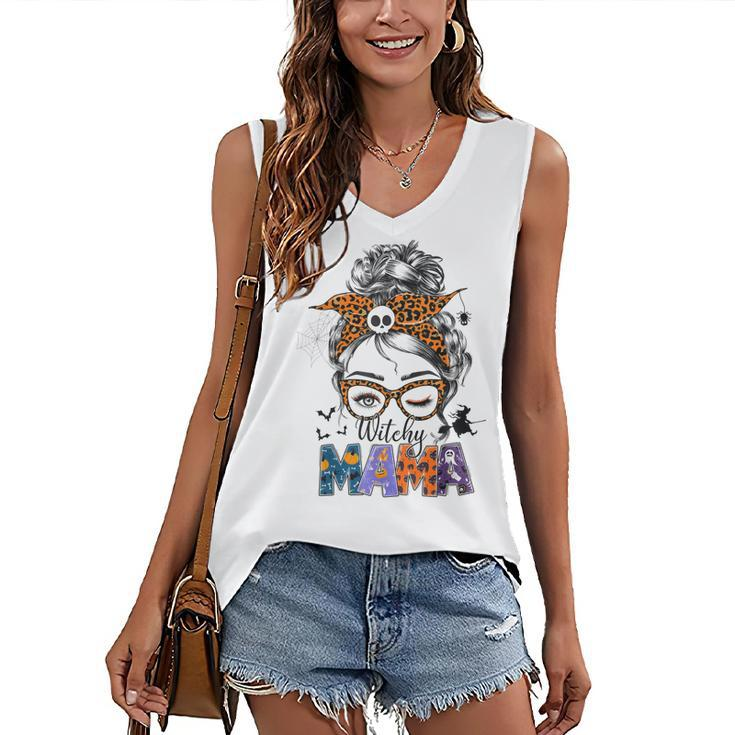 Witchy Mama Halloween Messy Bun Skull Witch Mom Women Spooky Women's Vneck Tank Top