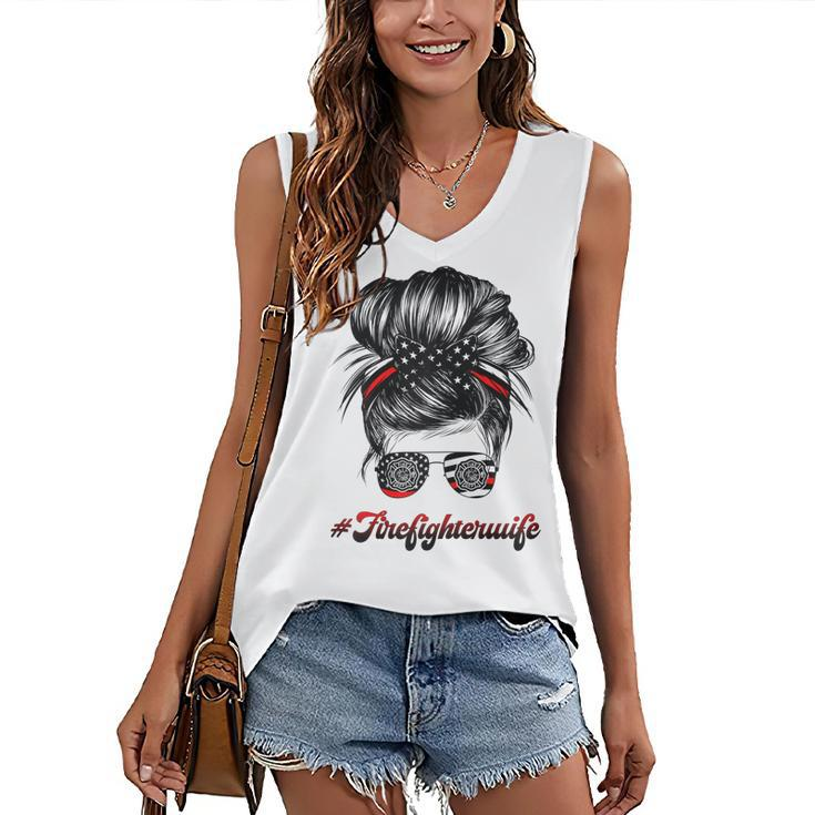 Womens Firefighter Wife Life Messy Bun Hair Funny Firefighter Wife  Women's V-neck Casual Sleeveless Tank Top