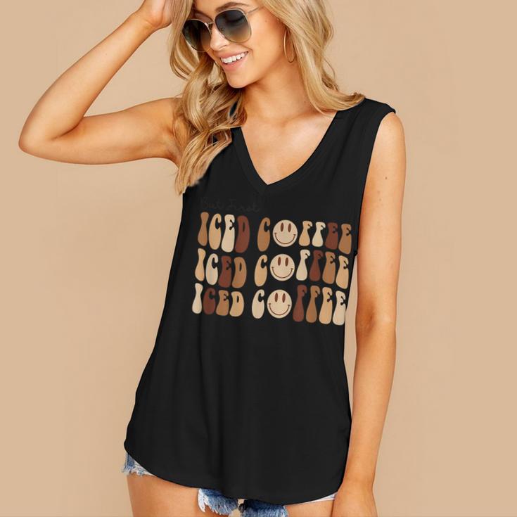 Coffee Smiley Face But First Iced Coffee Retro Cold Coffee  Women's V-neck Casual Sleeveless Tank Top