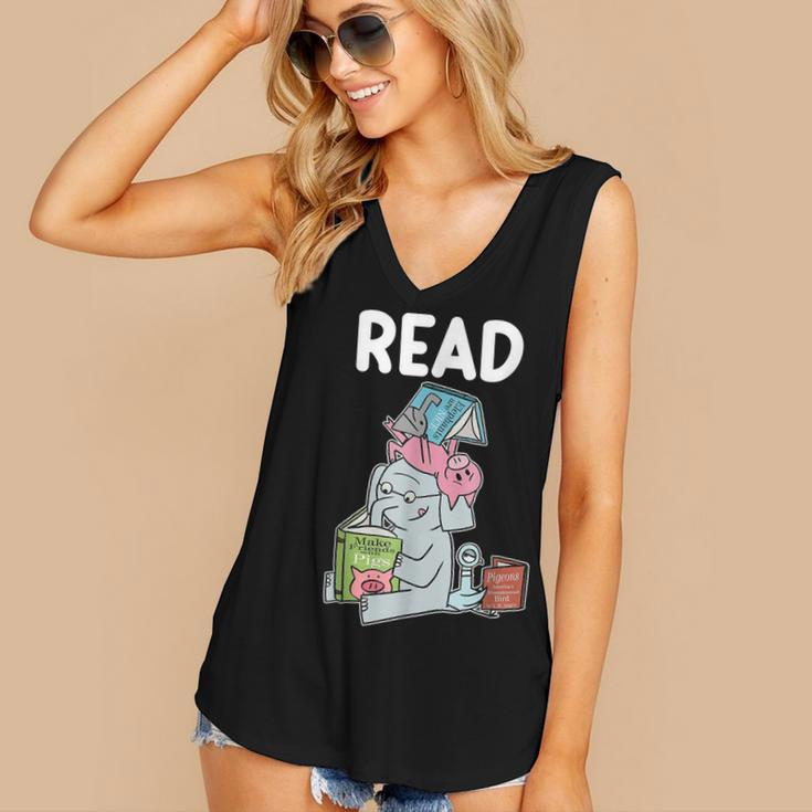 Funny Teacher Library Read Book Club Piggie Elephant Pigeons Women's V-neck Casual Sleeveless Tank Top
