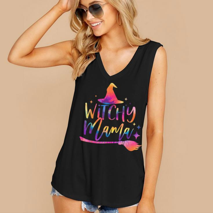 Tie Dye Witchy Mama Witch Hat Broom Spooky Mama Halloween Women's Vneck Tank Top