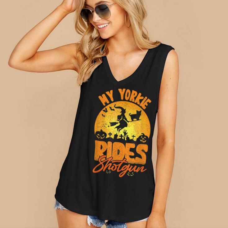 My Yorkie Rides Shotgun Halloween Witch Dog Spooky Season Women's Vneck Tank Top