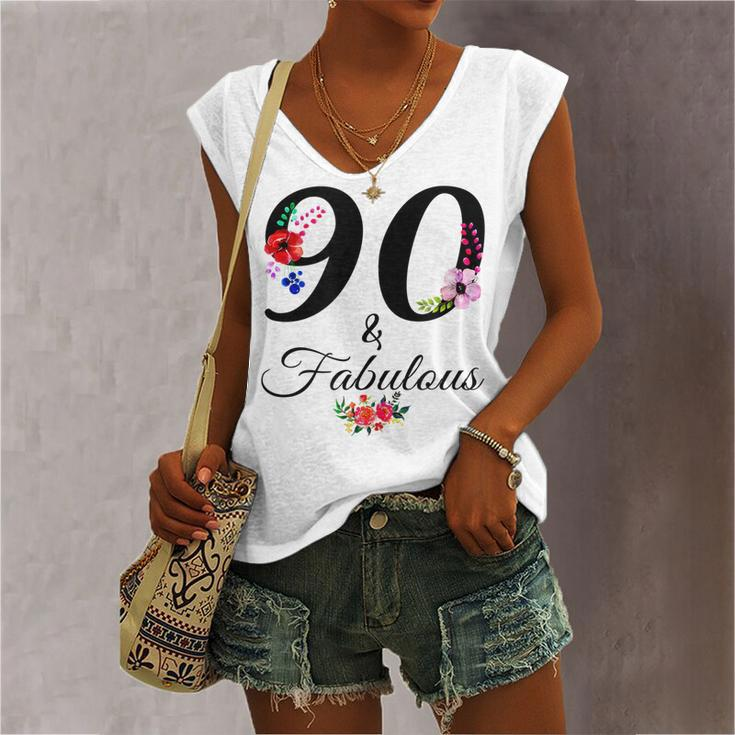 90 & Fabulous 90 Years Old Vintage Floral 1932 90Th Birthday Women's Vneck Tank Top