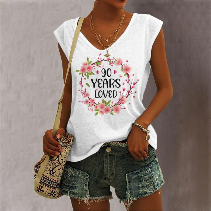 Floral 90 Year Old 90Th Birthday Women 90 Years Loved Women's Vneck Tank Top