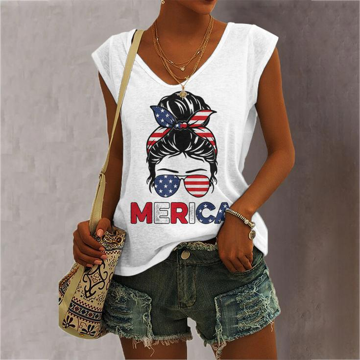 Merica Mom Girl American Flag Messy Bun Hair 4Th Of July Usa V2 Women's Vneck Tank Top
