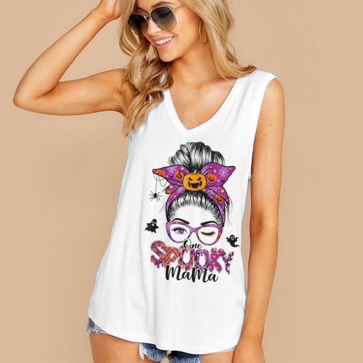 One Spooky Mama For Halloween Messy Bun Mom Monster Bleached V6 Women's Vneck Tank Top