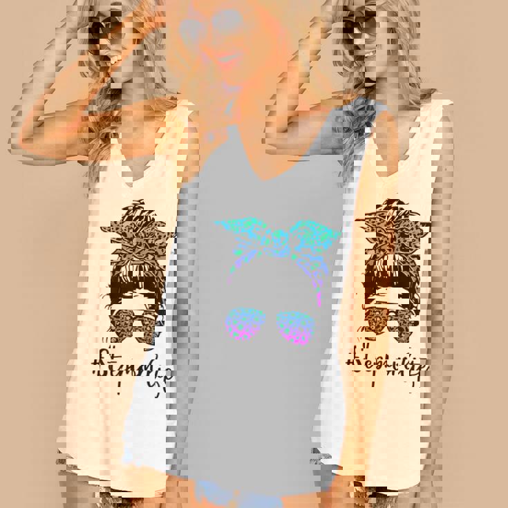 Womens Stepmom Life Leopard Tie Dye Messy Bun Mothers Day Women Women's V-neck Casual Sleeveless Tank Top