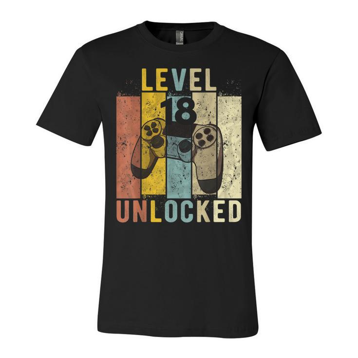 18Th Birthday Level 18 Unlocked Video Gamer Gift   Unisex Jersey Short Sleeve Crewneck Tshirt