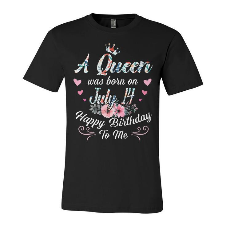 A Queen Was Born On July 14 Happy Birthday To Me Floral   Unisex Jersey Short Sleeve Crewneck Tshirt