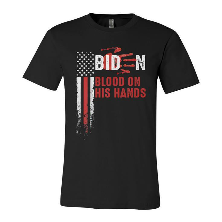 Funny Anti Biden Blood On His Hands Anti Joe Biden Bloody Handprint Usa Flag Unisex Jersey Short Sleeve Crewneck Tshirt