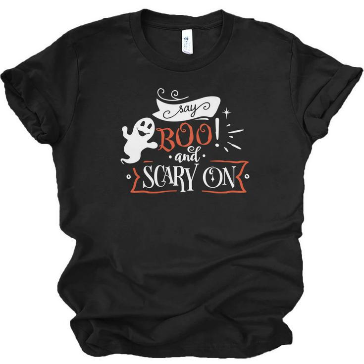Halloween Say Boo And Scary On  Orange And White Men Women T-shirt Unisex Jersey Short Sleeve Crewneck Tee