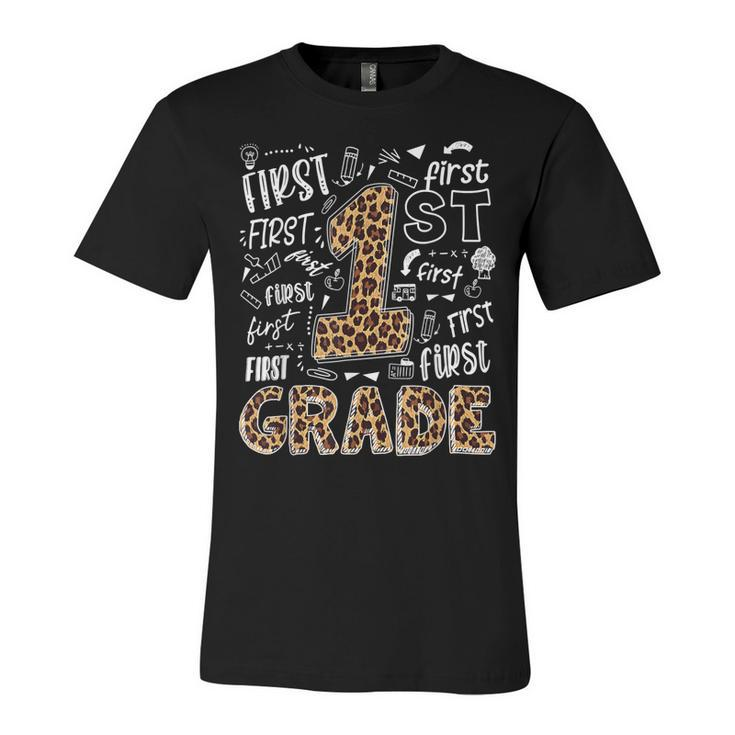 Leopard Print 1St Grade Teacher Kids Back To School  Unisex Jersey Short Sleeve Crewneck Tshirt
