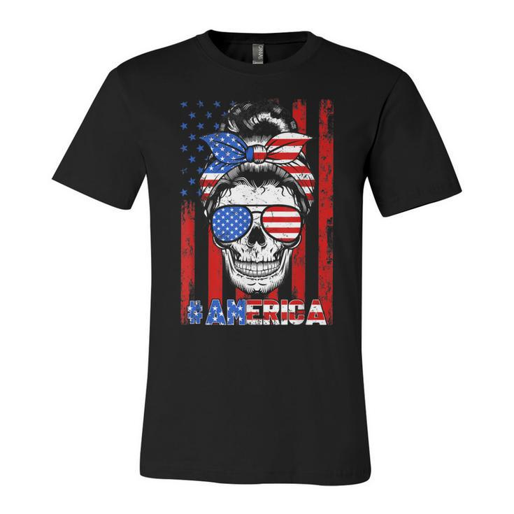 Messy Bun Skull America Flag Glasses 4Th Of July Patriotic  Unisex Jersey Short Sleeve Crewneck Tshirt