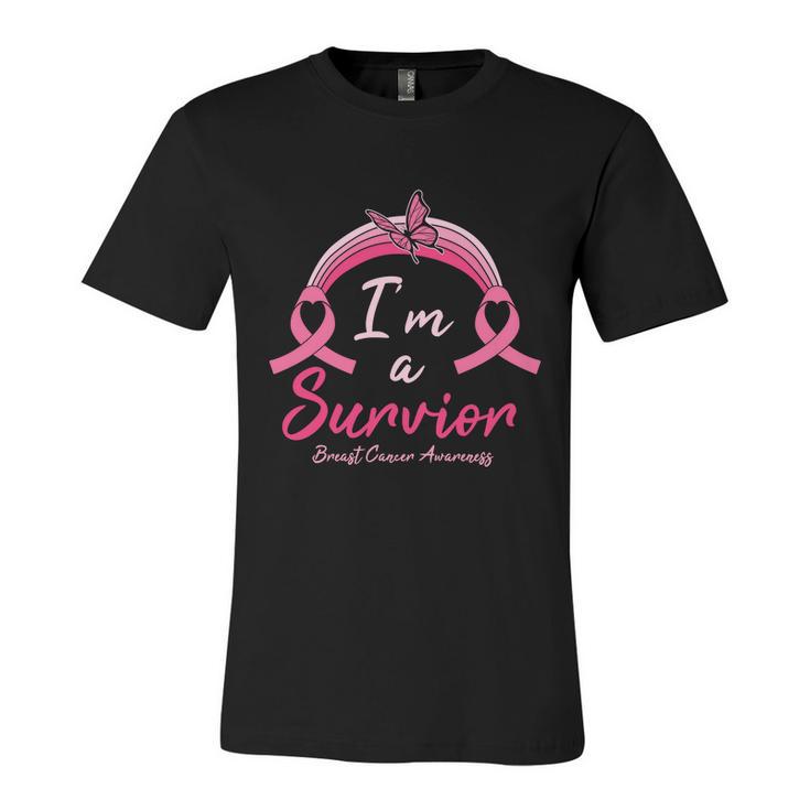 Pink Ribbon Butterfly Heart Im A Survivor Breast Caner Unisex Jersey Short Sleeve Crewneck Tshirt