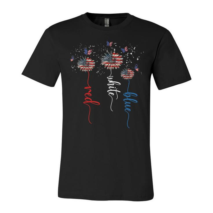 Red White Blue Sunflower Butterfly Patriotic 4Th Of July  V2 Unisex Jersey Short Sleeve Crewneck Tshirt