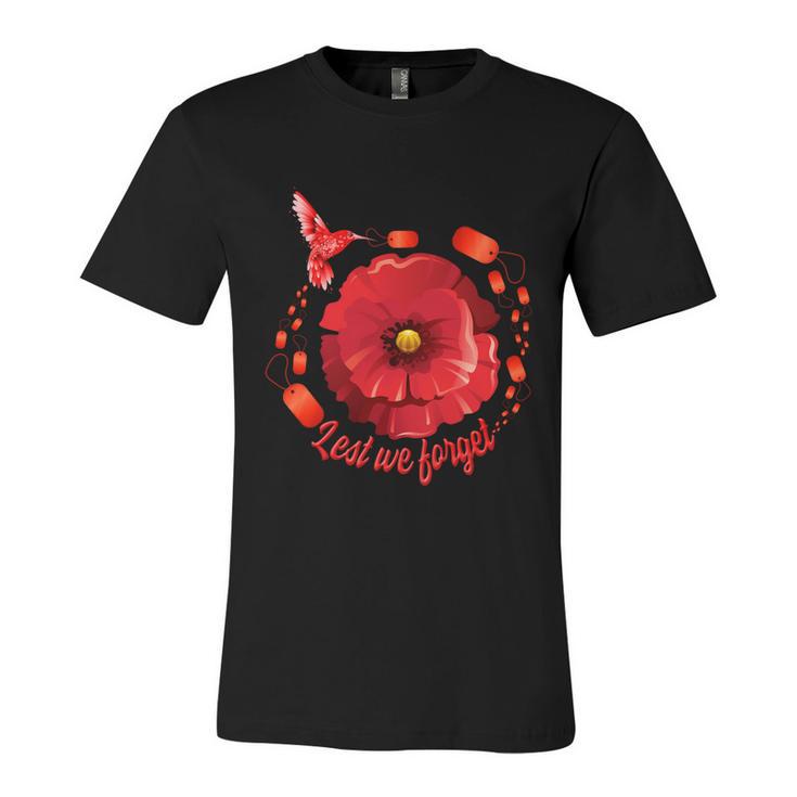 Veterans Day Lest We Forget Red Poppy Flower Usa Memorial Cool Gift Unisex Jersey Short Sleeve Crewneck Tshirt